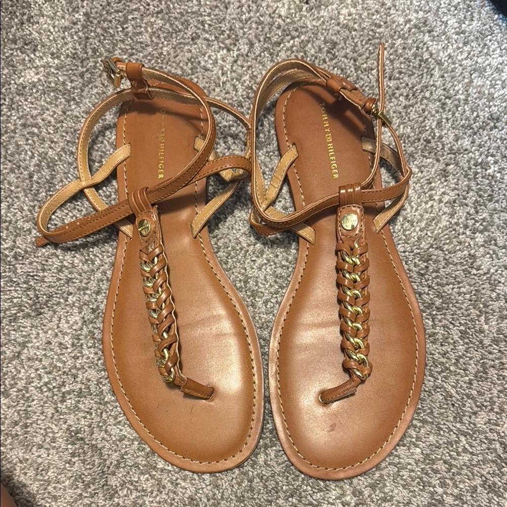 Tommy Hilfiger Brown Sandals with Braided Details Gold Worn Once